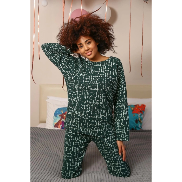 Kadın Uzun Kol 3 İplik Penye Pijama Takım Yeşil