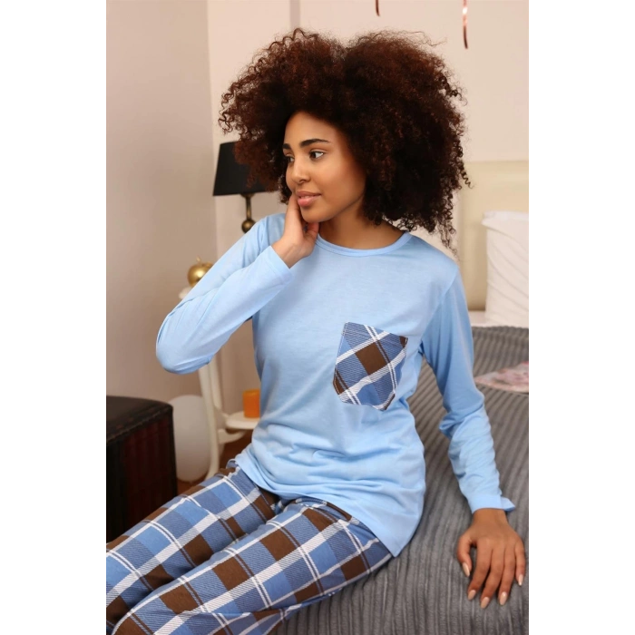 Kadın Uzun Kol Penye Pijama Takım Mavi