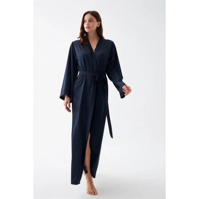 Kadın Uzun Lacivert Saten Sabahlık
