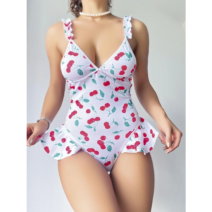 Kadın Vişne Desenli Dantel İşlemeli Şık Body
