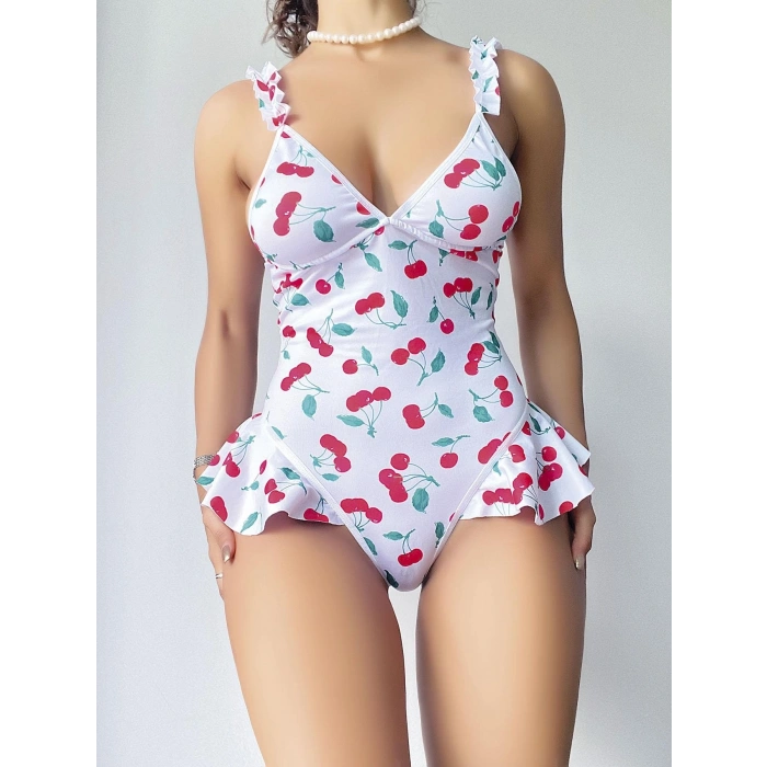 Kadın Vişne Desenli Dantel İşlemeli Şık Body