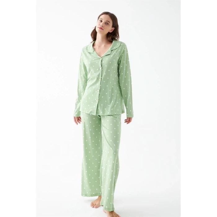 Kadın Yeşil Kalp Desenli Düğmeli Pamuklu Pijama Takımı