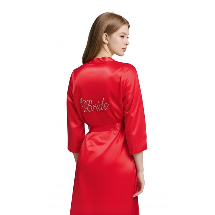 Kırmızı Saten Bride Sabahlık Zarif Kadın Ev Giyim
