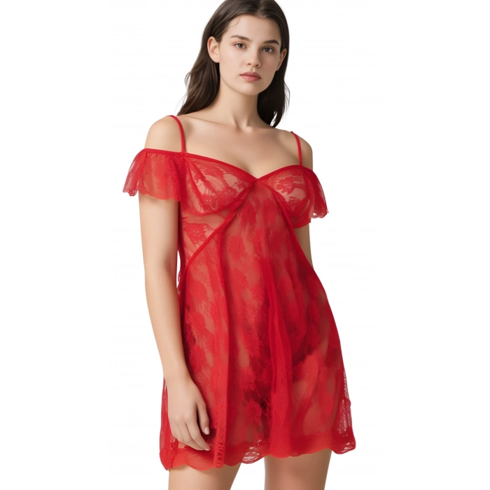 Kırmızı Tül Mini Gecelik Zarif Kadın Gece Elbisesi