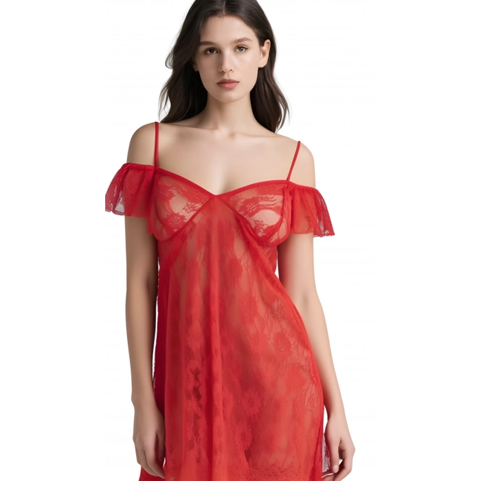 Kırmızı Tül Mini Gecelik Zarif Kadın Gece Elbisesi
