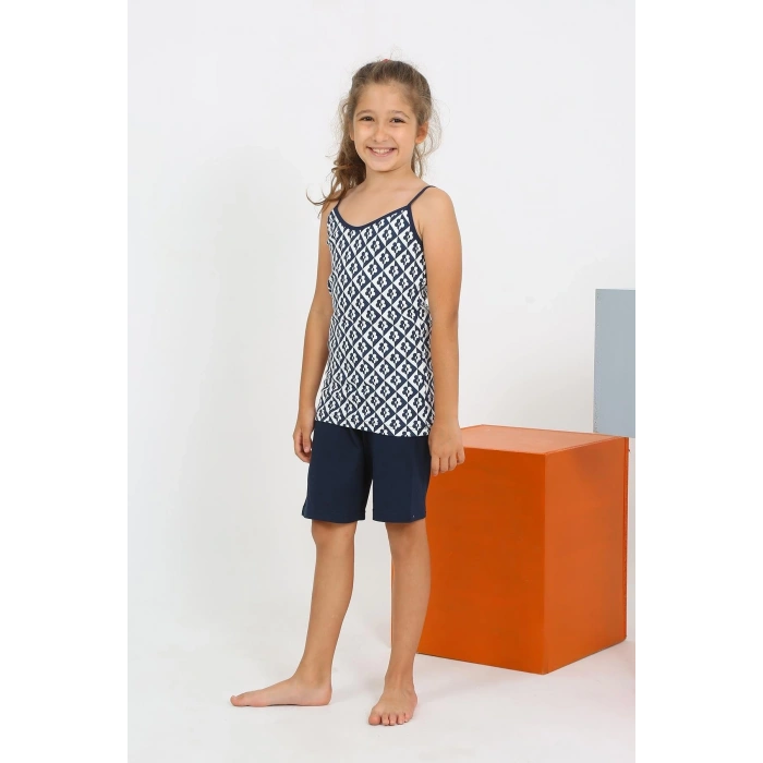 Kız Çocuk İp Askılı Şortlu Penye Lacivert Pijama Takım