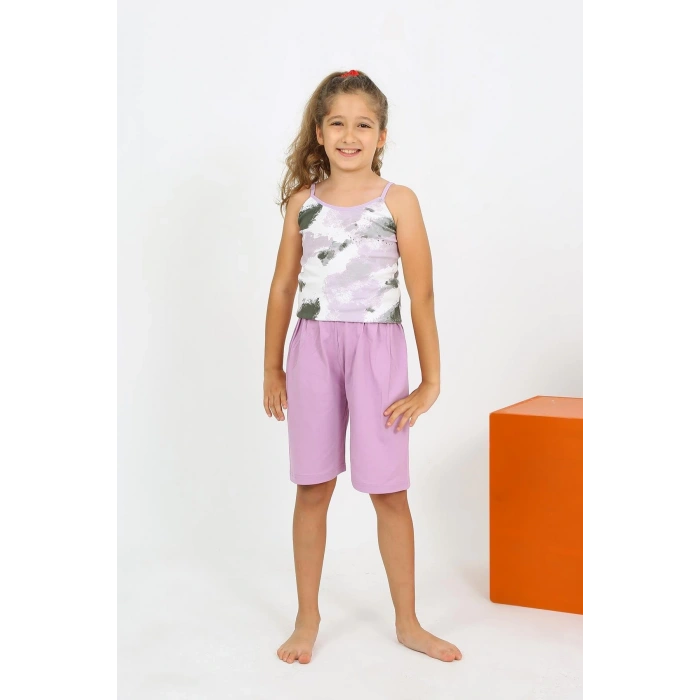 Kız Çocuk İp Askılı Şortlu Penye Lila Pijama Takım
