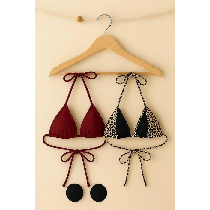 Leopar Desenli ve Bordo 2’li Üçgen Bikini Üstü Seti Bağlamalı Minimal Kesim Kadın Mayo Üstü