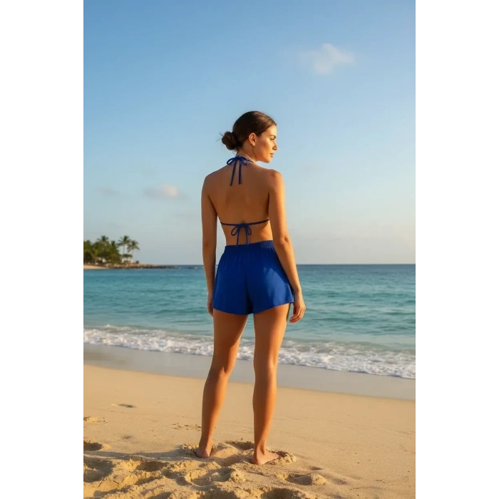 Mavi Şortlu Bağlamalı Bikini Takımı Belden ve Boyundan Ayarlanabilir Esnek Kumaş Kadın Mayo Seti