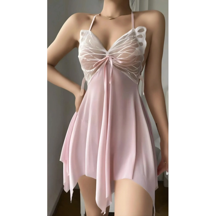 Pembe Butterfly Lace Kelebek İşlemeli Tül Fantezi Gecelik