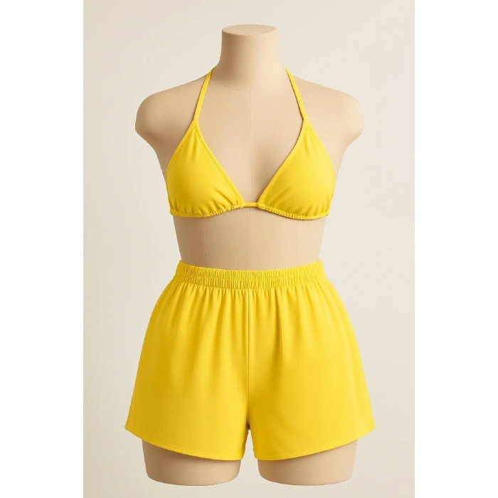 Sarı Şortlu Bağlamalı Bikini Takımı Üçgen Kesim Ayarlanabilir Esnek Kumaş Kadın Mayo Seti