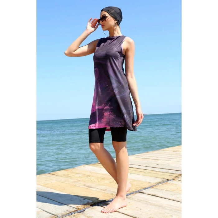 Sıfır Kol Desenli Yarım Tesettür Mayo Mor