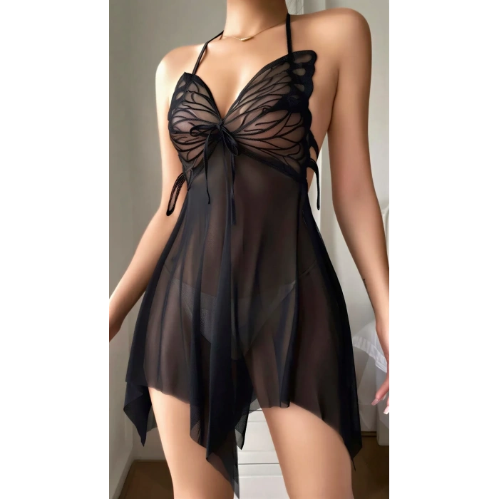 Siyah Butterfly Lace Kelebek İşlemeli Tül Fantezi Gecelik