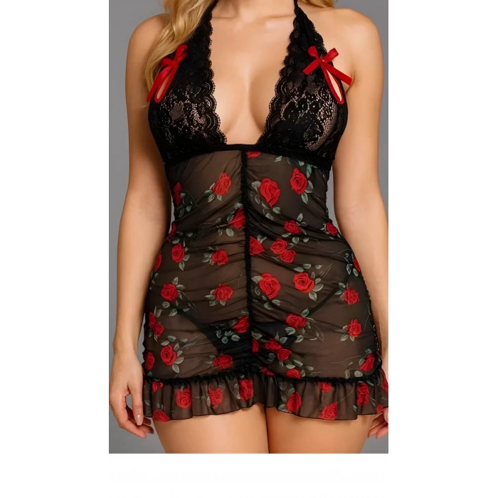 Siyah Dantel İşlemeli Gül Desenli Mini Fantezi Gecelik Kadın Gecelik