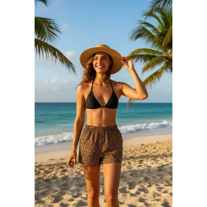 Siyah Leopar Desenli 3’lü Bikini Takımı Şortlu Yandan Bağlamalı Esnek Kumaş Kadın Mayo Seti