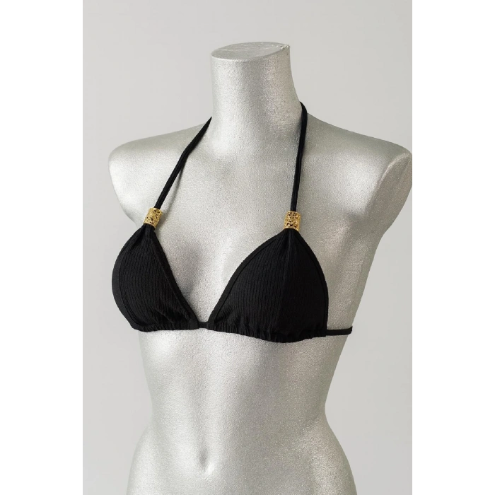 Siyah Pedli Üçgen Bikini Üstü Halter Bağlamalı Aksesuarlı Esnek Kumaş Kadın Mayo Üstü