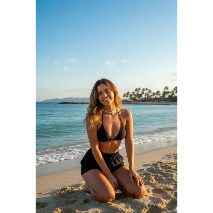 Siyah Şortlu Bağlamalı Bikini Takımı Üçgen Kesim Ayarlanabilir Esnek Kumaş Kadın Mayo Seti