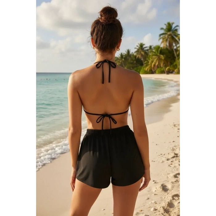 Siyah Şortlu Bağlamalı Bikini Takımı Üçgen Kesim Ayarlanabilir Esnek Kumaş Kadın Mayo Seti