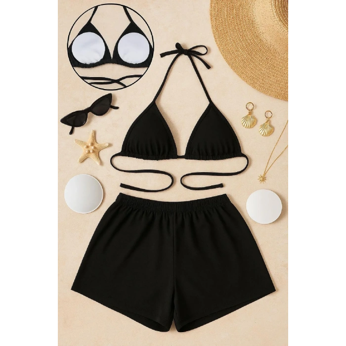 Siyah Şortlu Bağlamalı Bikini Takımı Üçgen Kesim Ayarlanabilir Esnek Kumaş Kadın Mayo Seti