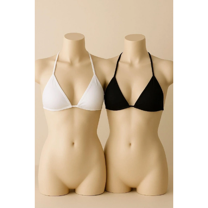Siyah ve Beyaz 2’li Üçgen Bikini Üstü Seti Bağlamalı Minimal Kesim Esnek Kadın Mayo Üstü