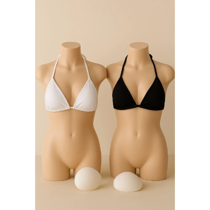 Siyah ve Beyaz 2’li Üçgen Bikini Üstü Seti Bağlamalı Minimal Kesim Esnek Kadın Mayo Üstü