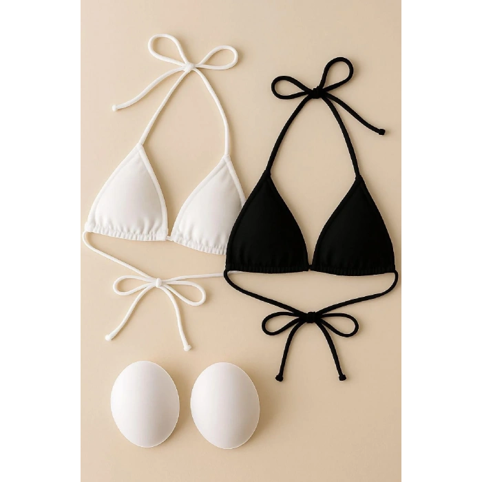 Siyah ve Beyaz 2’li Üçgen Bikini Üstü Seti Bağlamalı Minimal Kesim Esnek Kadın Mayo Üstü