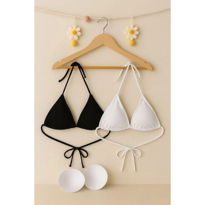Siyah ve Beyaz 2’li Üçgen Bikini Üstü Seti Bağlamalı Minimal Kesim Esnek Kadın Mayo Üstü