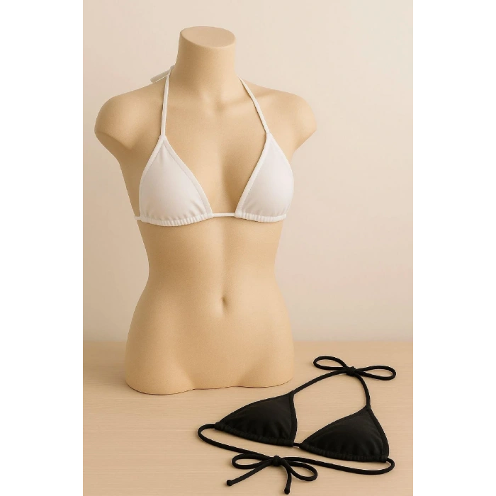 Siyah ve Beyaz 2’li Üçgen Bikini Üstü Seti Bağlamalı Minimal Kesim Esnek Kadın Mayo Üstü