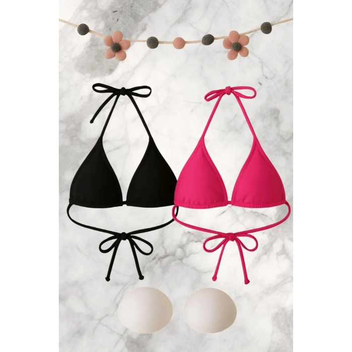 Siyah ve Fuşya Detaylı Üçgen Bikini Üstü Bağlamalı Kadın Mayo Üstü 2li