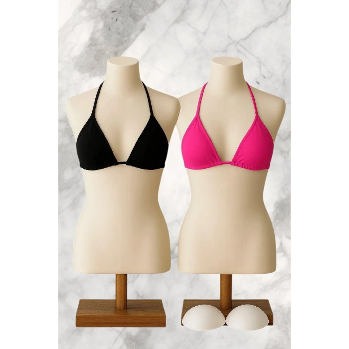 Siyah ve Fuşya Detaylı Üçgen Bikini Üstü Bağlamalı Kadın Mayo Üstü 2li
