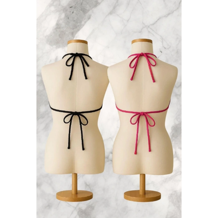 Siyah ve Fuşya Detaylı Üçgen Bikini Üstü Bağlamalı Kadın Mayo Üstü 2li