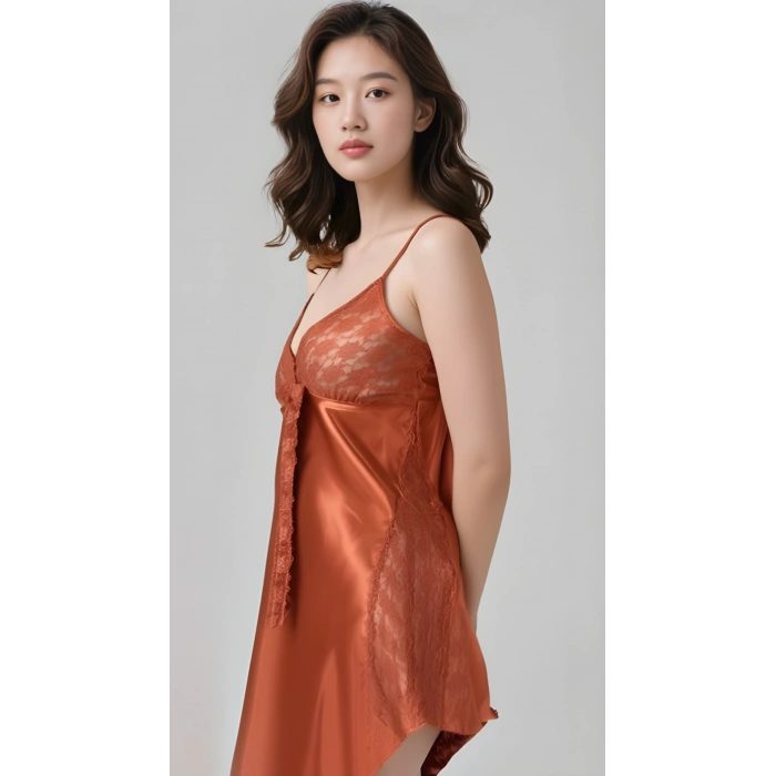 Tarçın Saten Gecelik Zarif Kadın Gece Elbisesi