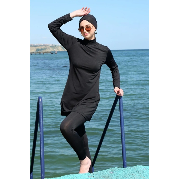 Uzun Kol Likralı Siyah Tesettür Mayo