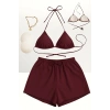 Bordo 3’lü Bikini Takımı Şortlu Yandan Bağlamalı Üçgen Üst Esnek Kadın Mayo