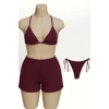 Bordo 3’lü Bikini Takımı Şortlu Yandan Bağlamalı Üçgen Üst Esnek Kadın Mayo