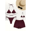 Bordo 3’lü Bikini Takımı Şortlu Yandan Bağlamalı Üçgen Üst Esnek Kadın Mayo