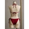 Bordo Üçgen Bikini Takımı Yandan ve Boyundan Bağlamalı Esnek Kumaş Kadın Mayo Seti