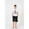 Erkek Genç Garson Boy Kısa Kol Beyaz Penye Şortlu Pijama Takımı