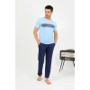 Erkek Pamuk Kısa Kol Pijama Takım Mavi