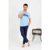 Erkek Pamuk Kısa Kol Pijama Takım Mavi