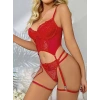 Giyim Dantel Transparan Kırmızı Badysuit 4lü Takım 7003