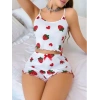 Giyim Kadın Beyaz Çilek Desenli Şortlu Pijama Takımı Sevimli Rahat 2’li Set