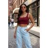 Giyim Kadın Bordo Kalın Askılı Crop Top Büstiyer Esnek Kumaş Şık Basic Kadın Üst Giyim