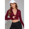 Giyim Kadın Bordo Uzun Kol Fermuarlı Parmak Geçme Detaylı Dik Yaka Crop Top Bluz