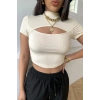 Giyim Kadın Ekru Zarif Cut-out Detaylı Premium Crop Top Bluz