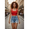 Giyim Kadın Kırmızı Kalın Askılı Crop Top Büstiyer Esnek Kumaş Şık Basic Kadın Üst Giyim