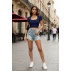 Giyim Kadın Lacivert Şık Kesim Yarım Kol Crop Bluz
