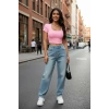 Giyim Kadın Pembe Şık Kesim Yarım Kol Crop Bluz