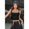 Giyim Kadın Siyah Beyaz Çift Renk Çapraz Askılı Crop Top Bluz Şık Esnek