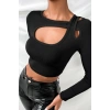 Giyim Kadın Siyah Modern Fit Göğüs Dekolteli Çapraz Askılı Uzun Kollu Crop Top Bluz